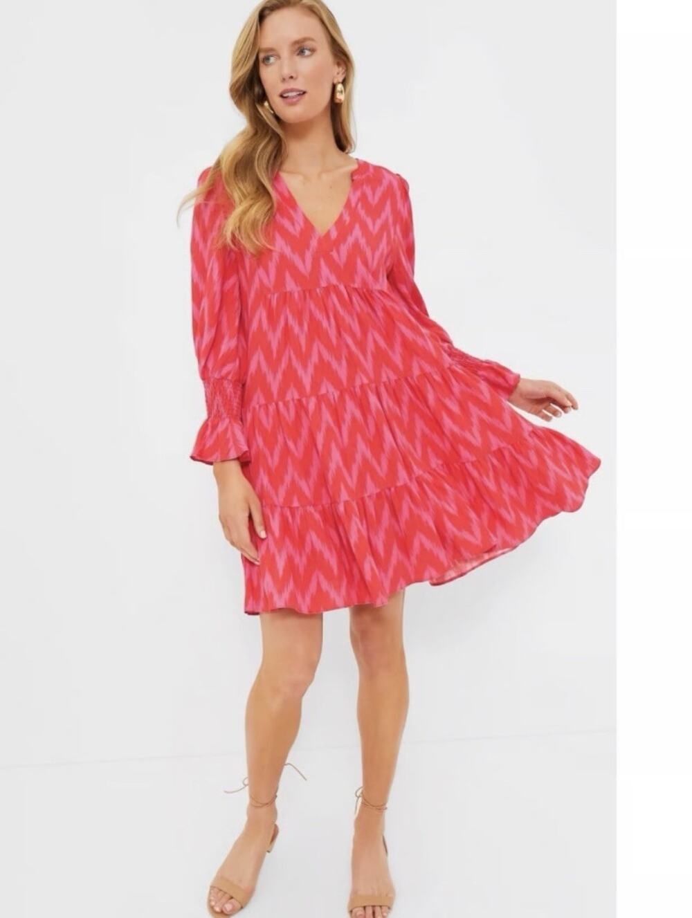 POMANDER PLACE Dress Small Pink Kenzo Ikat Tiered Long Sleeve V-neck Preppy J12